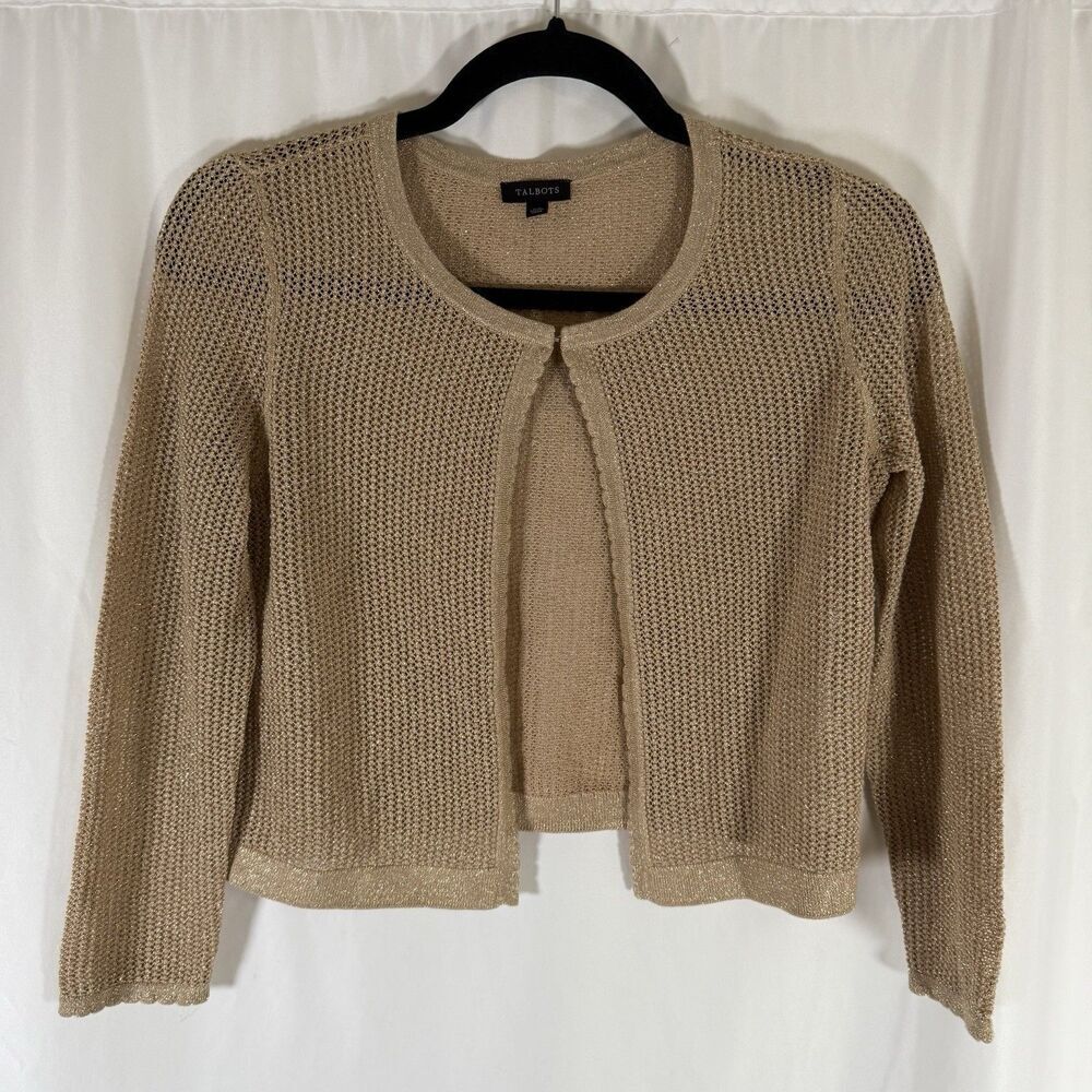 Talbots Cardigan Women's XS Gold Metallic Open Knit Hook Eye Top Sheer Cotton Bl